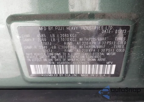 2013 Subaru Outback 2.5I Limited z USA, uszkodzony, nr VIN 4S4BRBKC4D3274075